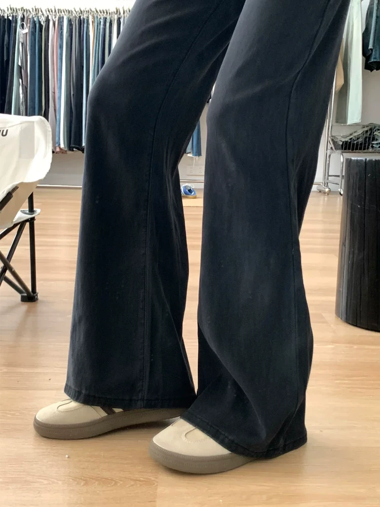 Quần jean ống loe bằng vải lụa đen không bó sát dành cho nữ, cỡ lớn mùa hè, lưng cao, dáng rộng, thon gọn, quần ống chuông Tencel