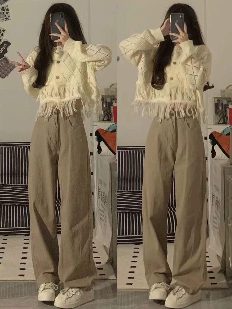 Quần jeans kaki ống đứng nữ, thu đông 2024, size lớn, cạp cao, dáng rộng, tôn dáng, dành cho người có dáng quả lê, quần ống rộng