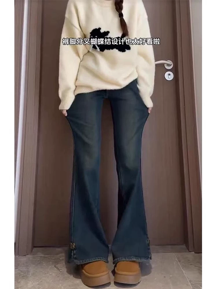 Quần jeans xanh vintage dáng loe nữ xuân 2025, size lớn, cạp cao, co giãn, che hông, tôn dáng, ống chuông, dài chạm sàn