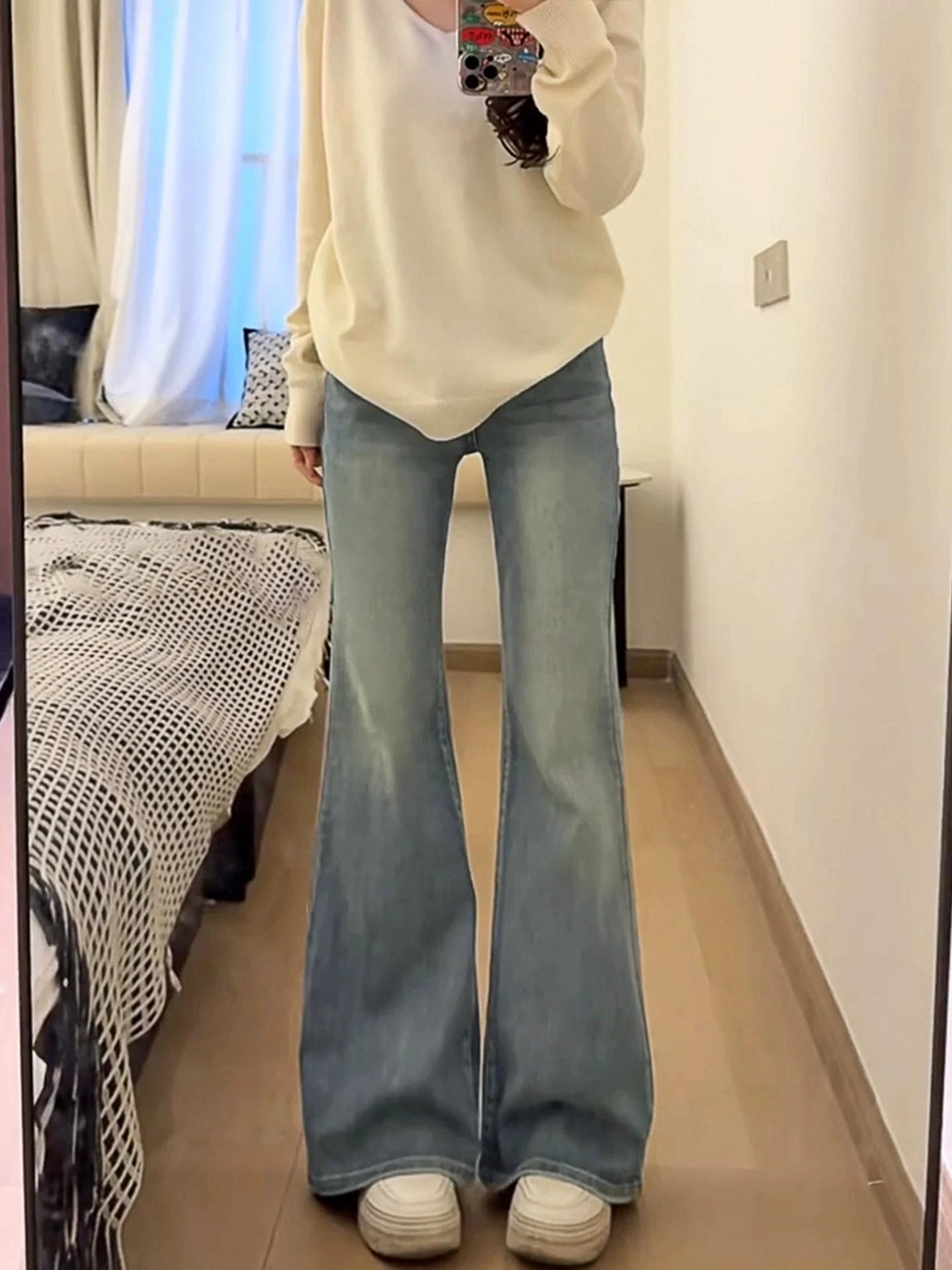 Quần jean ống đứng màu sáng dành cho nữ, phong cách đầu thu, cỡ lớn, lưng cao, co giãn, che hông, giảm béo, quần ống loe.