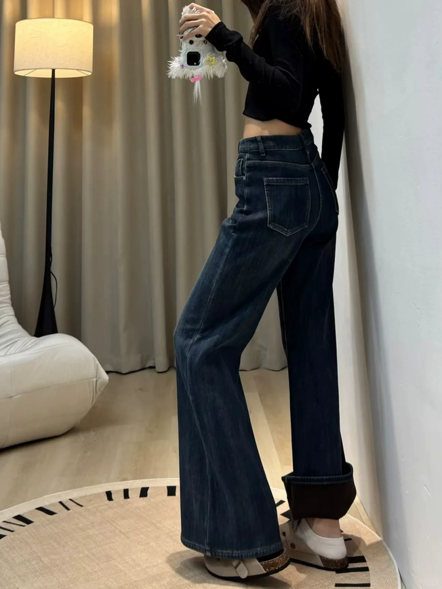 Quần jean nữ ống loe cạp cao màu xanh đậm cổ điển, lót lông cừu mùa đông, size lớn, cạp cao, dáng rộng, tôn dáng, quần dài ống loe