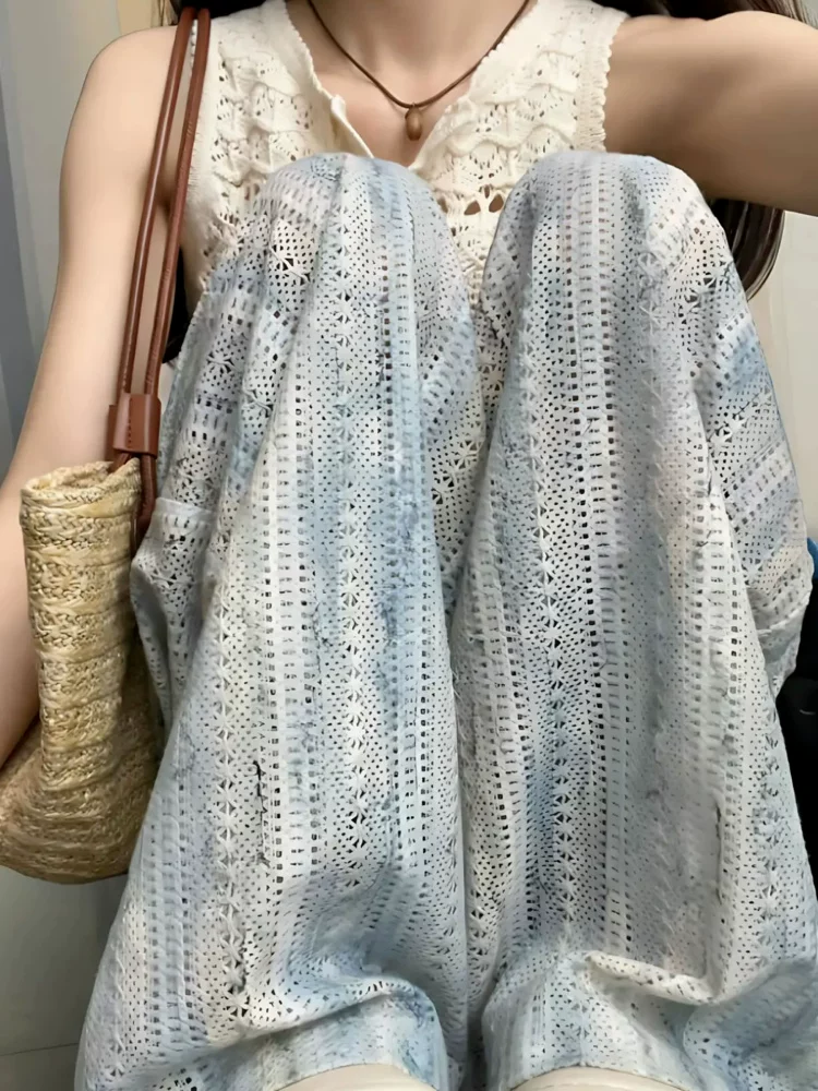 Quần ống rộng thụng kiểu tie-dye, dành cho nữ, mùa hè 2025, size lớn, cạp cao, chất liệu mềm mại, tôn dáng, mát lạnh như lụa đá