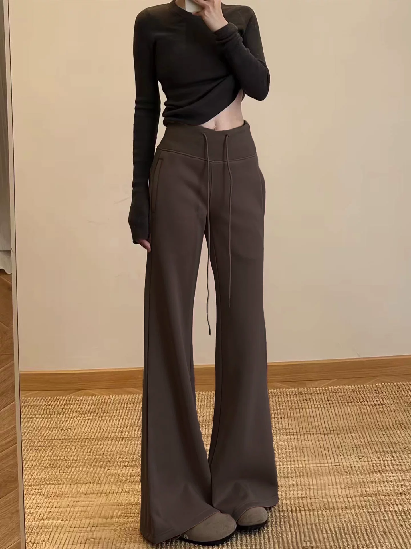 Quần ống loe lưng cao màu cà phê Melard lulu dành cho nữ, mùa thu đông, cỡ lớn, dáng suôn, quần ống loe