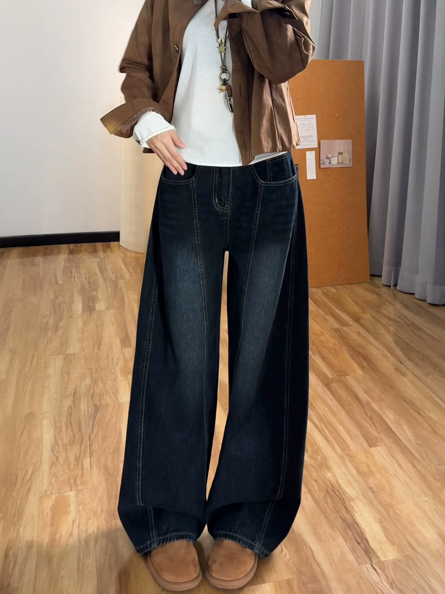 Quần jean thêu kiểu cổ điển Mỹ dành cho nữ, phong cách thu đông mới, cỡ lớn, lưng cao, dáng rộng, giảm béo, quần ống rộng