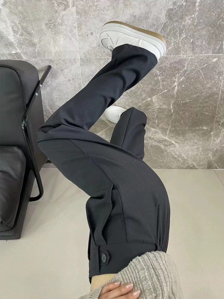 Quần âu ống đứng màu xám dành cho nữ, phong cách mới đầu thu, cỡ lớn, lưng cao, mềm mại, che hông, giảm béo, quần ống rộng thông thường