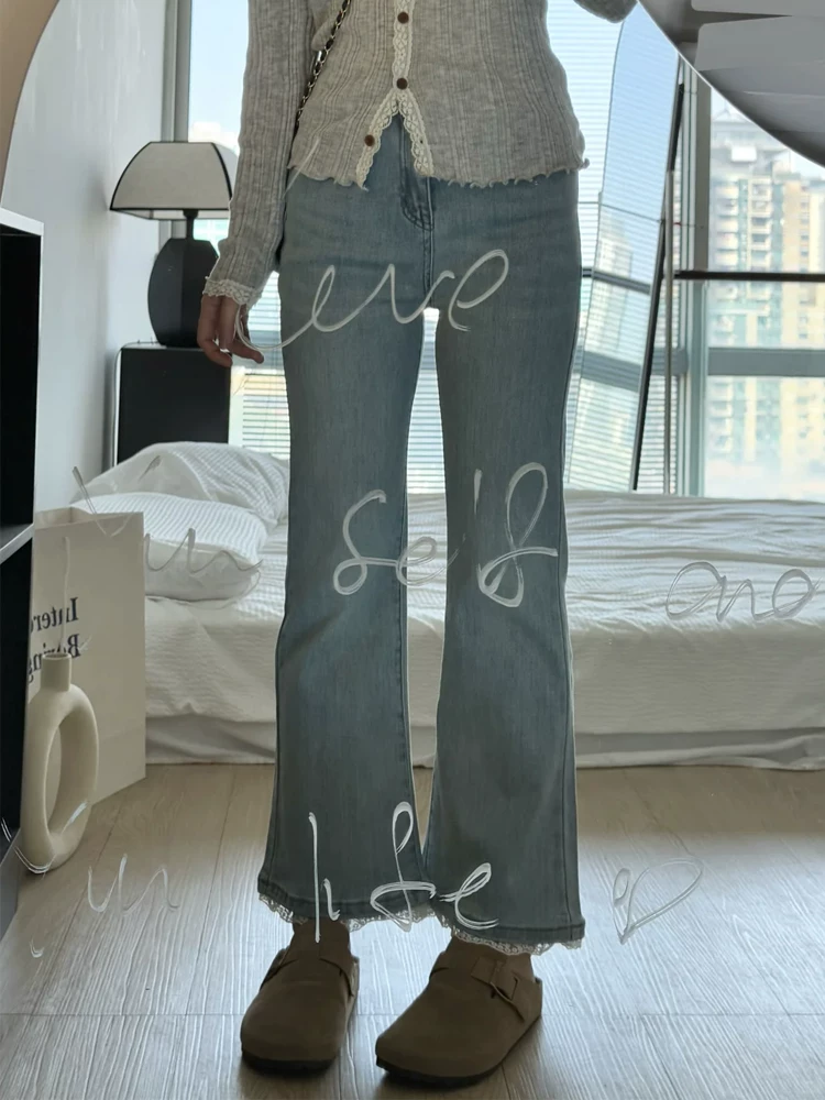 Quần jean xòe phối ren cổ điển dành cho nữ, phong cách xuân hè, cỡ lớn, eo cao, co giãn, tạo dáng thon gọn, quần xòe chín phần