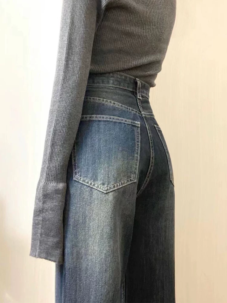 Quần jean ống rộng dáng chữ E màu xanh retro dành cho nữ, size lớn, cạp cao, dáng rộng, tôn dáng, dài chấm đất