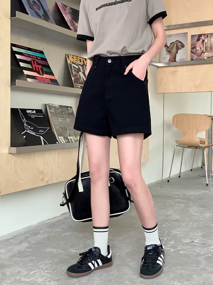 Quần short denim kaki dáng quả lê dành cho nữ, cỡ lớn mùa hè, lưng cao, tôn dáng, quần ống rộng dáng chữ A nhỏ nhắn