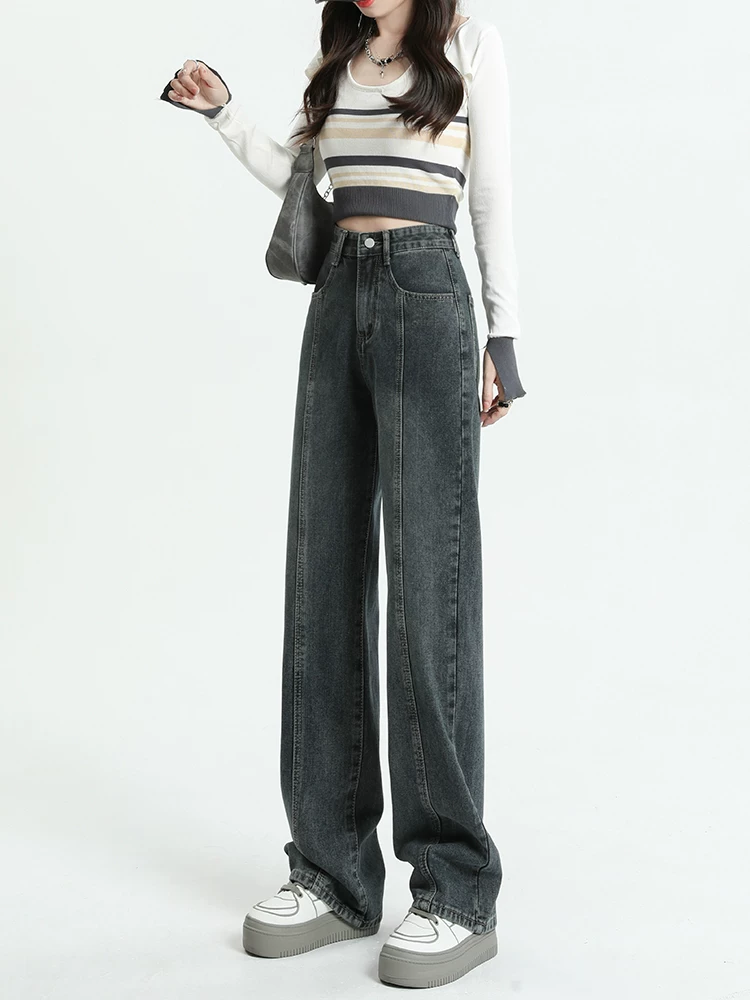 Quần jeans dáng chuông retro ống thẳng cho nữ, size lớn, cạp cao, dáng rộng, dài chấm đất, thích hợp cho đầu thu