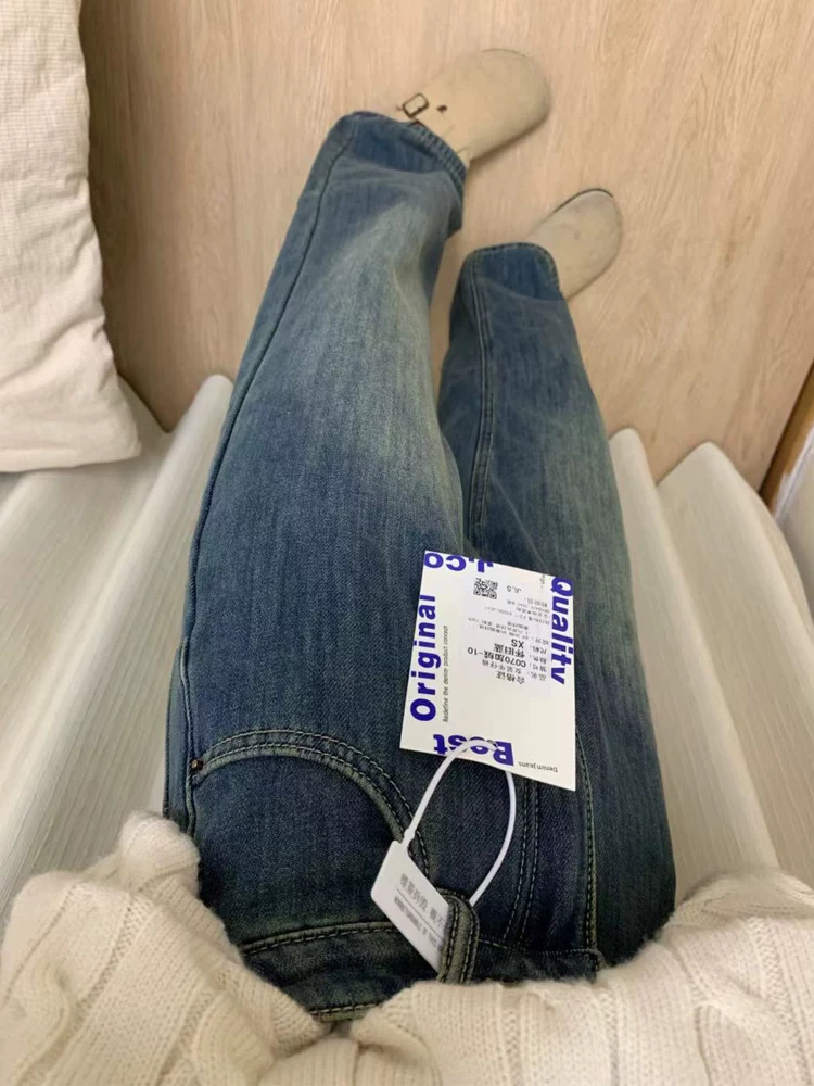 Quần jean ống thẳng dày lót lông màu xanh cổ điển dành cho nữ, mùa thu đông, cỡ lớn, lưng cao, dáng rộng, che hông, quần ống rộng