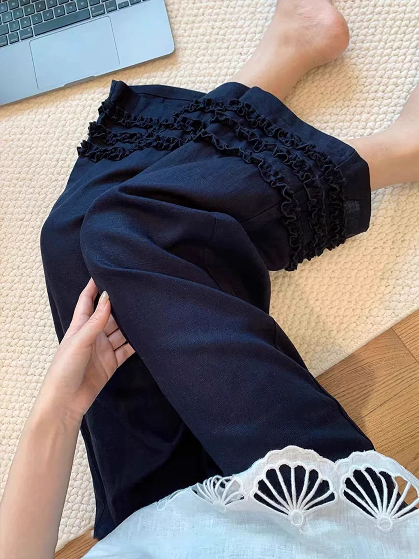 Quần vải lanh xòe màu xanh hải quân dành cho nữ, kiểu dáng mỏng mùa hè, cỡ lớn, lưng cao, dáng rộng, dáng rộng, quần ống rộng lười biếng.