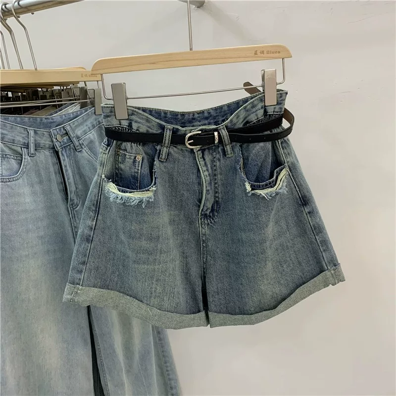 Quần short denim chữ A màu xanh cổ điển hình quả lê dành cho nữ, cỡ lớn mùa hè, lưng cao, dáng rộng, che hông, quần ống rộng, hợp thời trang.