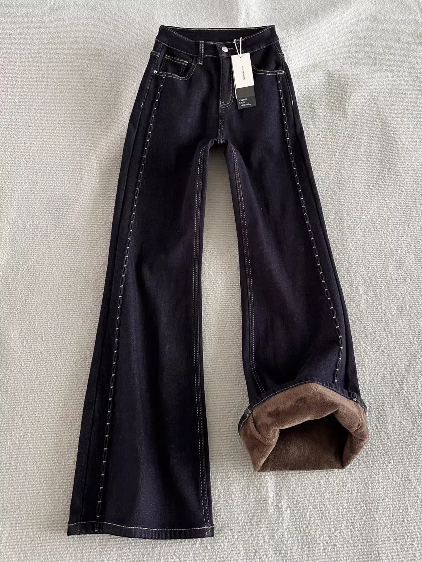 Quần jean ống loe dày lót lông cừu dành cho nữ, mùa thu đông, cỡ lớn, lưng cao, co giãn, thon gọn, không bó sát, quần ống chuông, dài đến sàn.