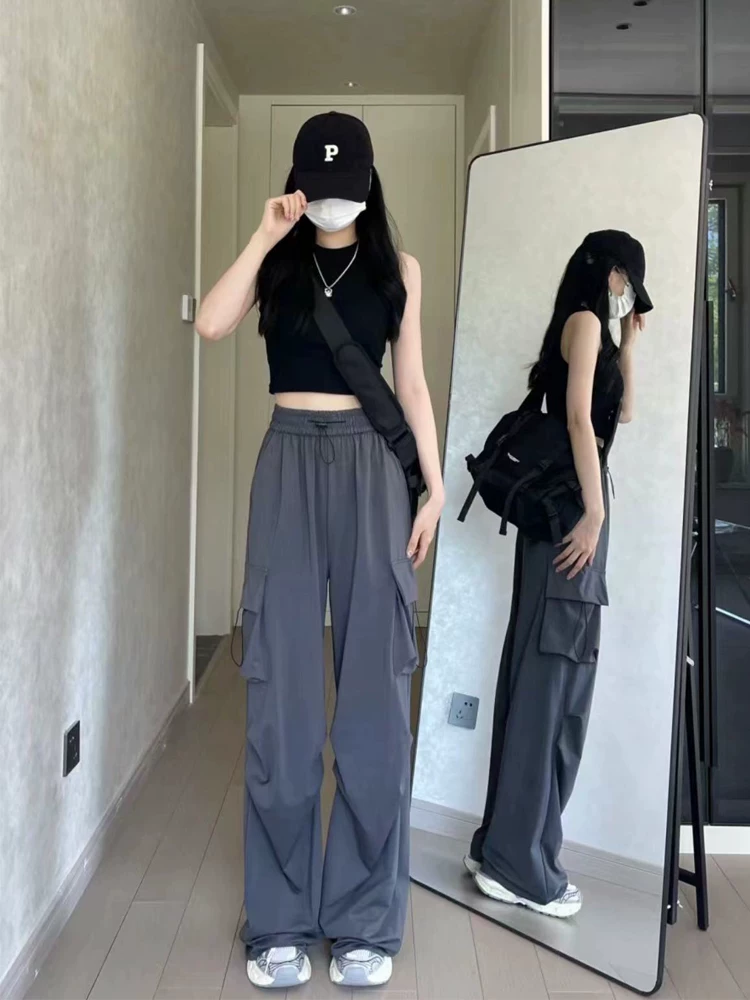 Quần cargo dáng lê dành cho nữ, kiểu dáng mùa hè mới, cỡ lớn, lưng cao, rộng rãi, che hông, tôn dáng, quần ống rộng kiểu jogger, phong cách thường ngày.