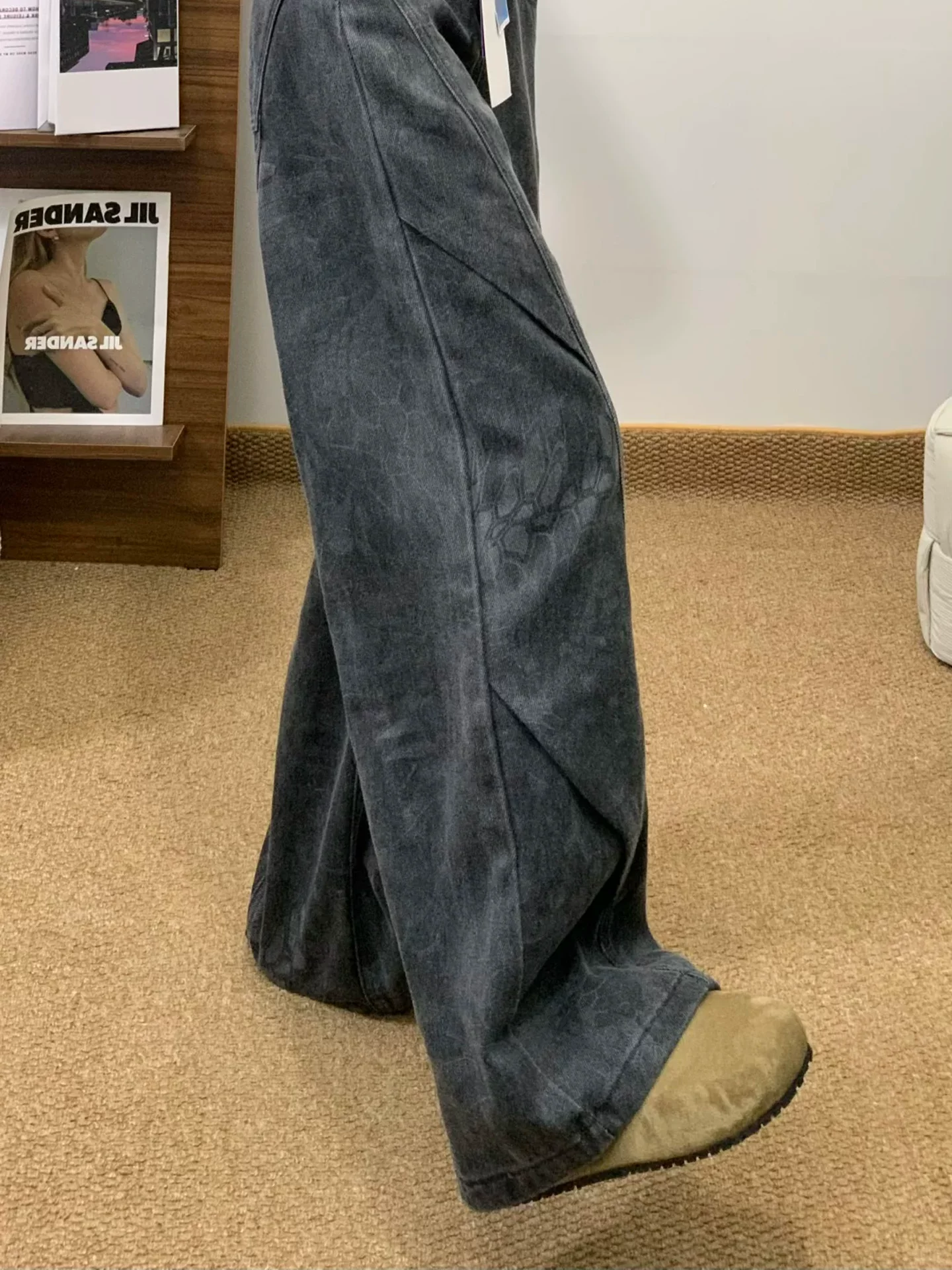 Quần jean ống rộng màu đen và xám dành cho nữ, mùa thu đông, lót lông cừu, cỡ lớn, lưng cao, rộng rãi, mềm mại, tôn dáng, quần dài chạm sàn.