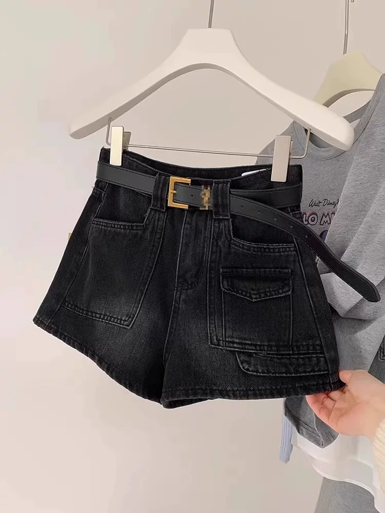 Quần short denim cổ điển của Mỹ dành cho nữ, cỡ lớn mùa hè, lưng cao, giảm béo, dáng quả lê, quần ống rộng chữ A