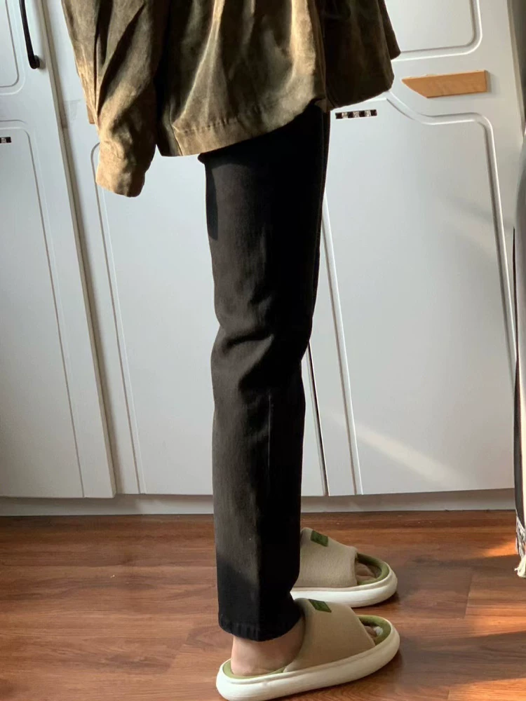 Quần jean ống đứng màu đen dành cho nữ có thân hình quả lê, lót lông cừu mùa thu đông, cỡ lớn, cạp cao, quần thuốc lá thon gọn