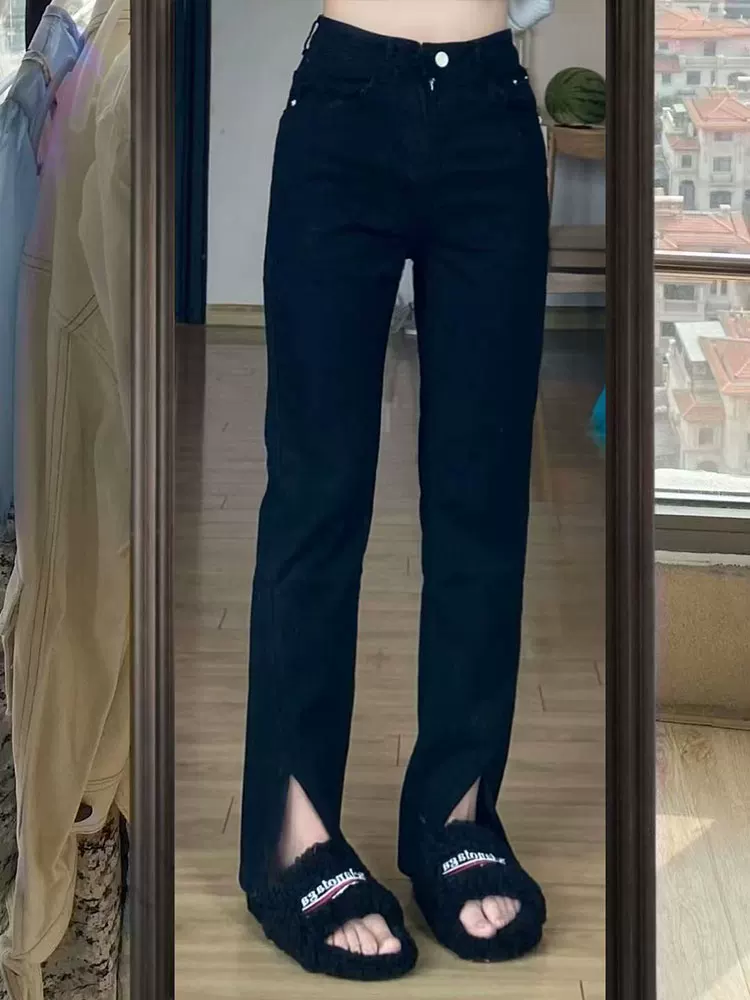 Quần jean co giãn đa năng màu đen hình quả lê dành cho nữ phong cách đầu thu cỡ lớn quần ống rộng thẳng có đường xẻ eo cao giúp giảm béo