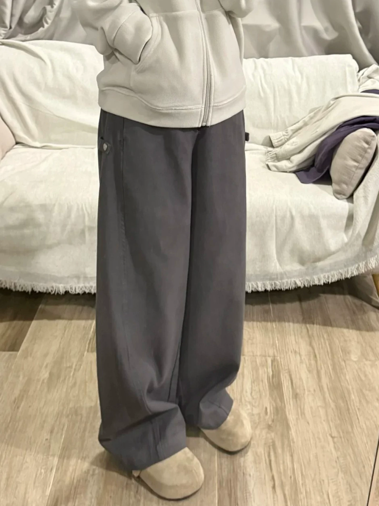 Quần ống rộng thường ngày lót lông màu xám dành cho nữ, cỡ lớn mùa đông, lưng cao, dáng rộng, thon gọn, dáng quả lê, quần cargo hình lưỡi kiếm