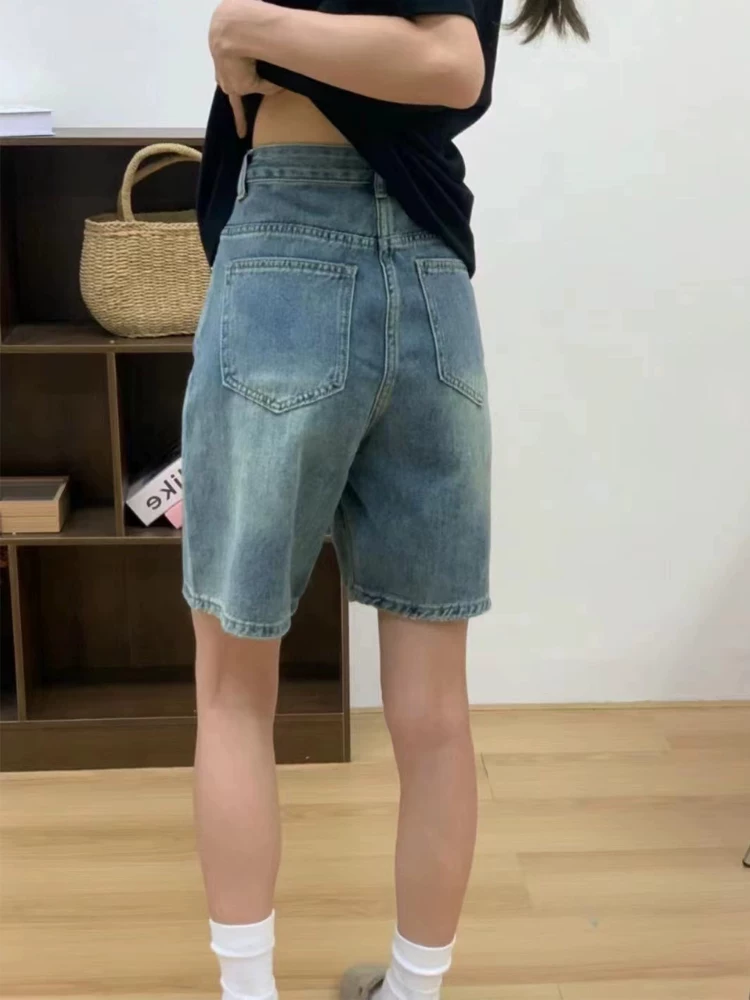 Quần short denim cổ điển hình quả lê dành cho nữ, cỡ lớn mùa hè, lưng cao, dáng rộng, giảm béo, quần ống rộng, quần short dài vừa phải.