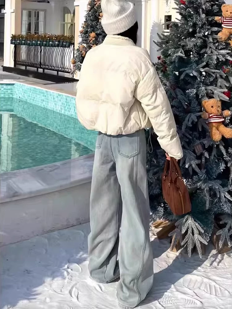 Quần jean ống đứng kiểu Mỹ màu xanh nhạt dành cho nữ, mùa xuân 2025, size lớn, cạp cao, tôn dáng, thêu chữ, quần ống rộng