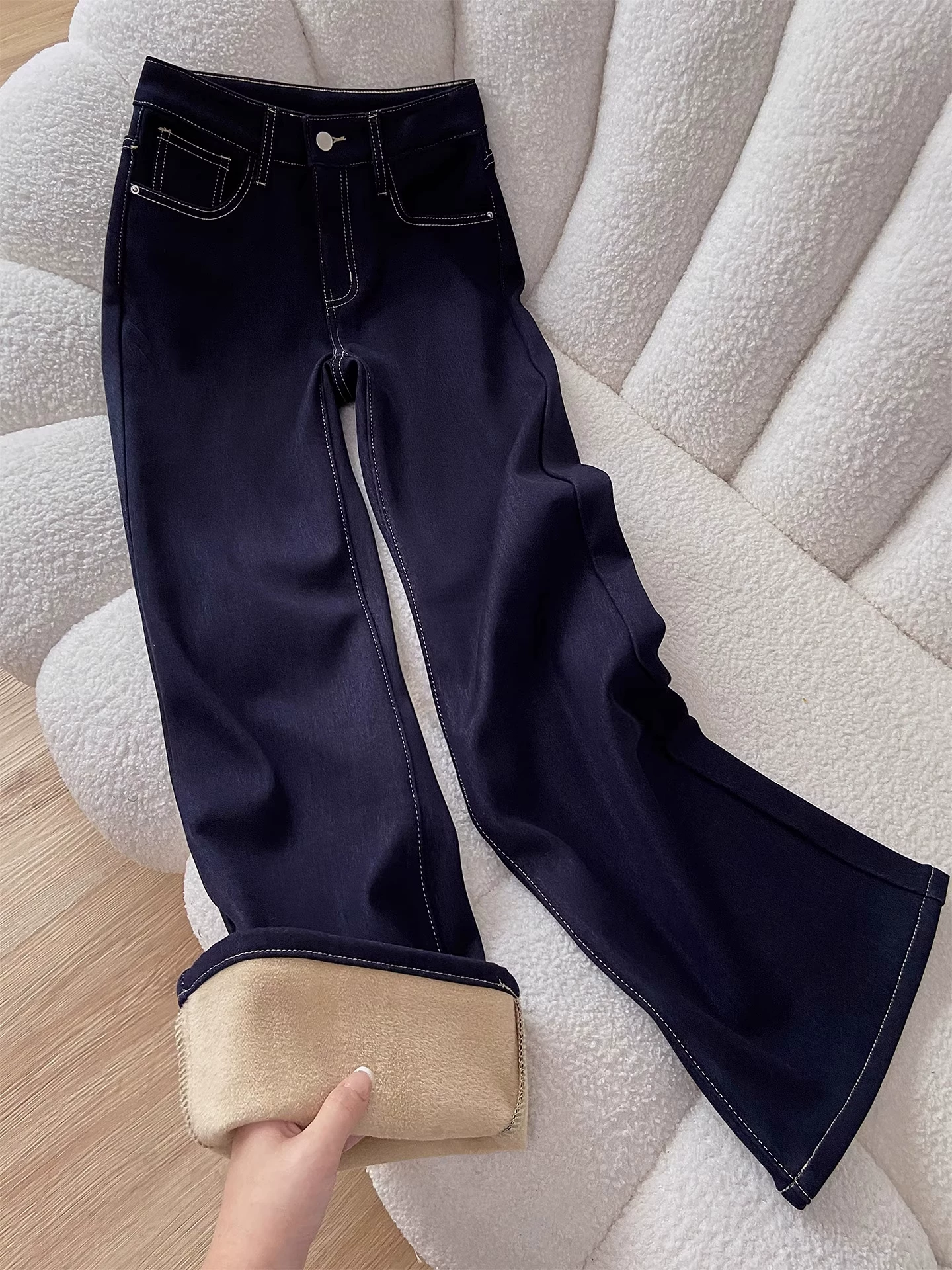 Quần jean ống đứng dày có lót lông cừu lưng cao màu xanh đậm dành cho nữ, mùa thu đông, dáng quả lê, giảm béo, quần ống rộng cỡ lớn