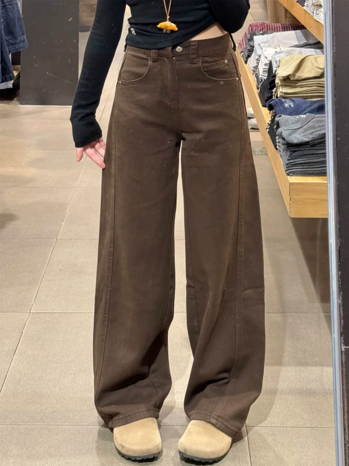 Quần jean viền cong màu nâu cà phê dành cho nữ có thân hình quả lê, cỡ lớn mùa thu, cạp cao, dáng rộng, che hông, quần ống rộng giúp thon gọn