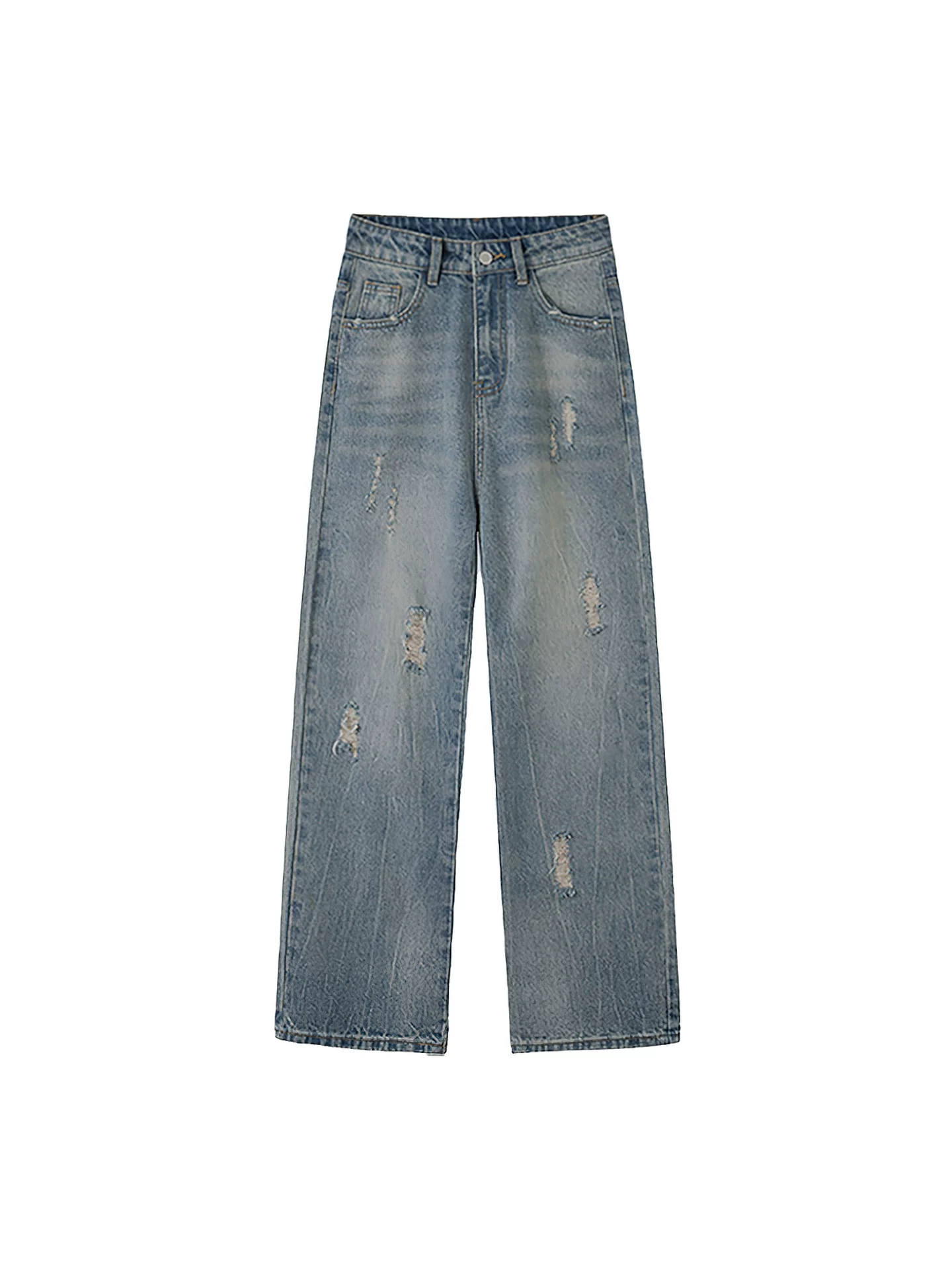 Quần jean rách màu xanh cổ điển dành cho nữ, phong cách mùa thu mới, cỡ lớn, lưng cao, dáng rộng, thon gọn, dáng quả lê, quần ống rộng