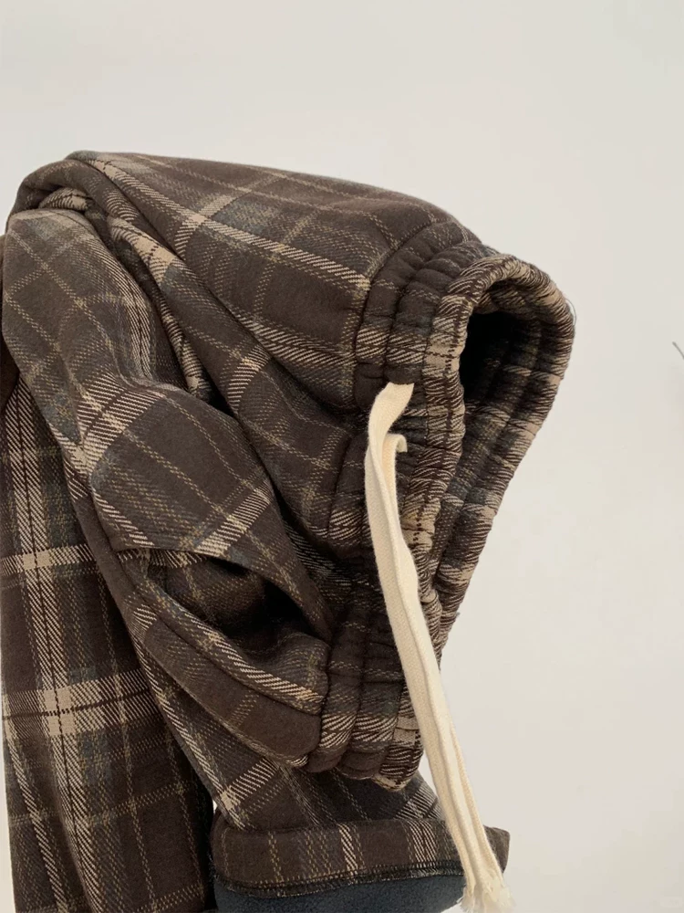 Quần âu kẻ sọc len cổ điển dành cho nữ, mùa thu đông, cỡ lớn, lót lông cừu, cạp cao, dáng suôn, che hông, giảm béo, quần ống rộng.