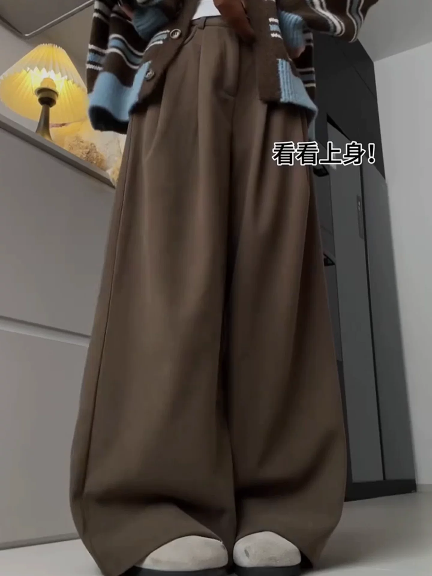 Quần ống rộng bằng vải nhung màu cà phê Melard dành cho nữ, lót lông cừu mùa đông, dày dặn, cỡ lớn, lưng cao, dáng rộng, giảm béo, quần thường ngày.