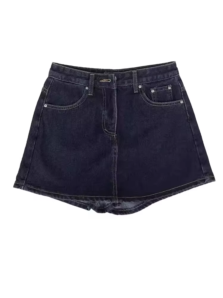 Váy ngắn denim dáng quả lê dành cho nữ, váy mỏng mùa hè, cỡ lớn, lưng cao, che hông, váy chữ A thon gọn.