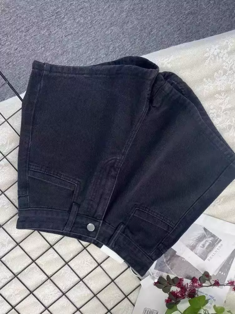 Quần short denim đen cho nữ, cỡ lớn mùa hè, lưng cao, che hông, giảm béo, dáng quả lê, quần ống rộng chữ A