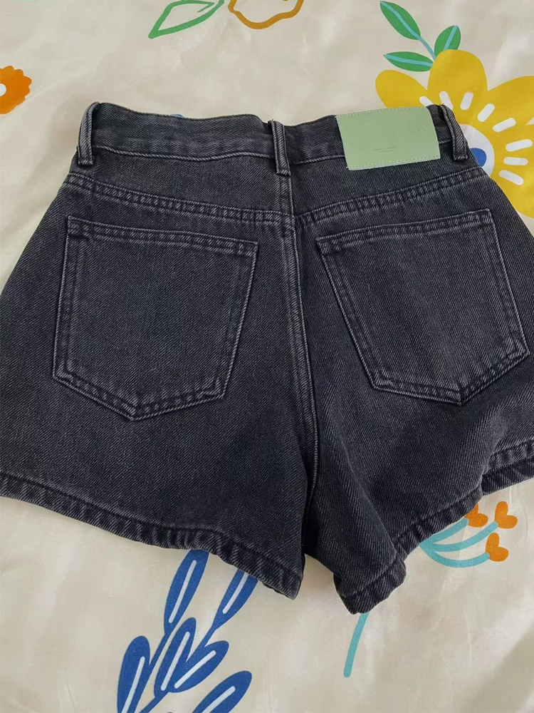 Quần short denim dáng chữ A lưng cao hình quả lê dành cho nữ, kiểu dáng mỏng mùa hè, cỡ lớn, lưng cao, che hông, giảm béo, quần ống rộng
