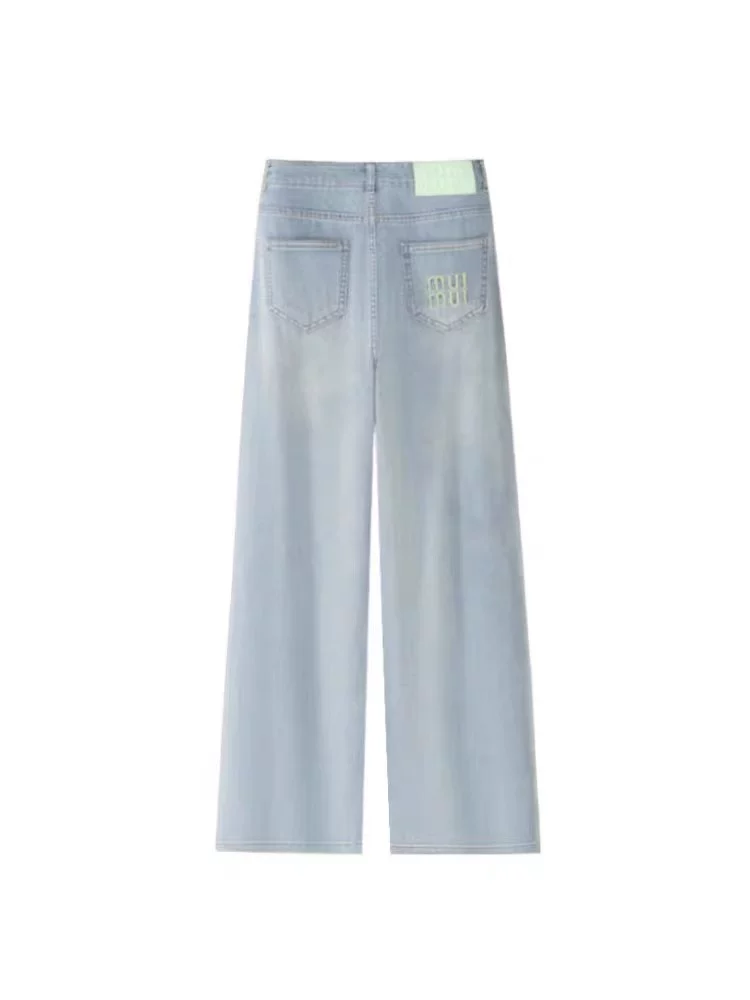 Quần jeans thẳng màu xanh nhạt chất liệu Tencel dành cho nữ, mùa hè 2025, size lớn, cạp cao, rộng rãi, mềm mại, tôn dáng, quần ống rộng