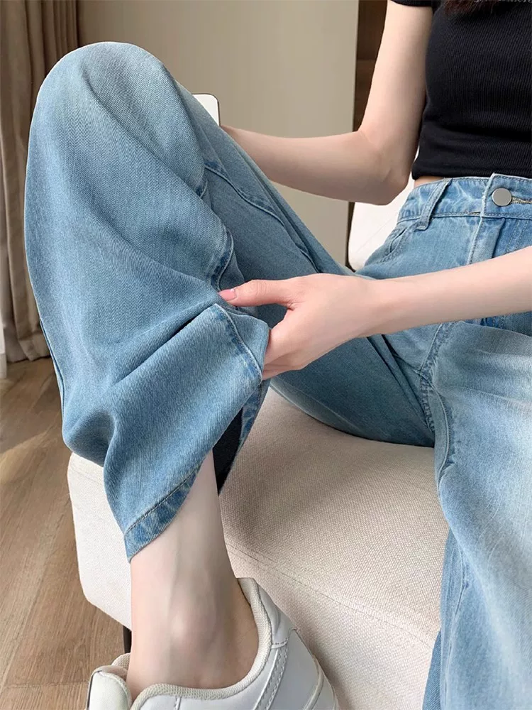 Quần jean lụa băng cho nữ, kiểu dáng mỏng mùa hè, cỡ lớn, lưng cao, dáng rộng, mềm mại, tôn dáng, dành cho người có dáng quả lê, quần ống rộng dài chạm sàn