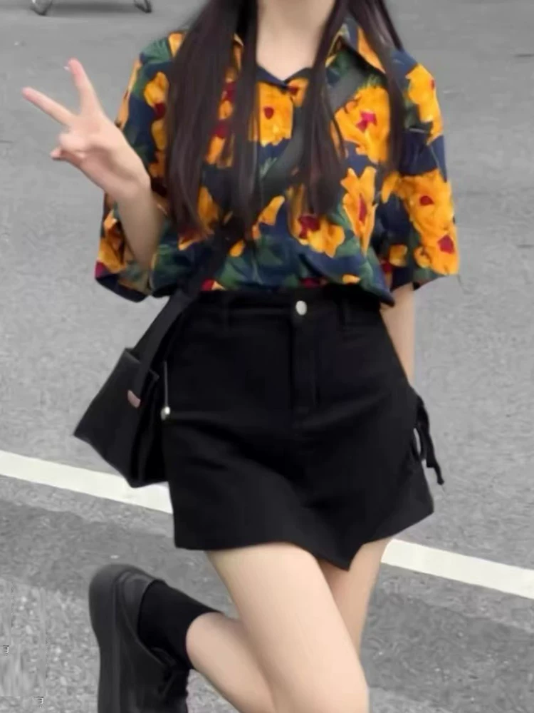 Váy denim dành cho nữ, kiểu dáng mỏng mùa hè, cỡ lớn, lưng cao, co giãn, che hông, giảm béo, quần váy ngắn chữ A không đều.