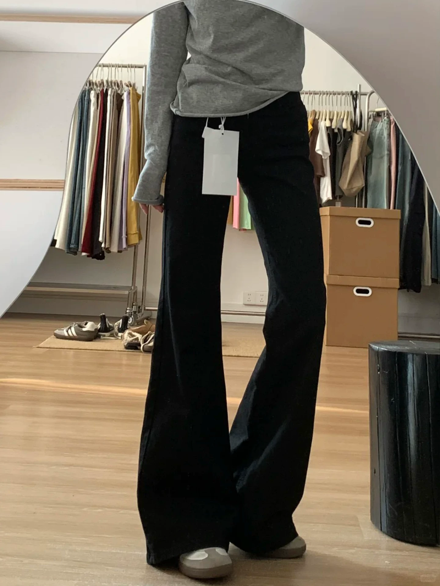 Quần jean ống loe màu đen dành cho nữ, mùa thu, cỡ lớn, lưng cao, co giãn, che hông, dáng quả lê, quần chuông tôn dáng