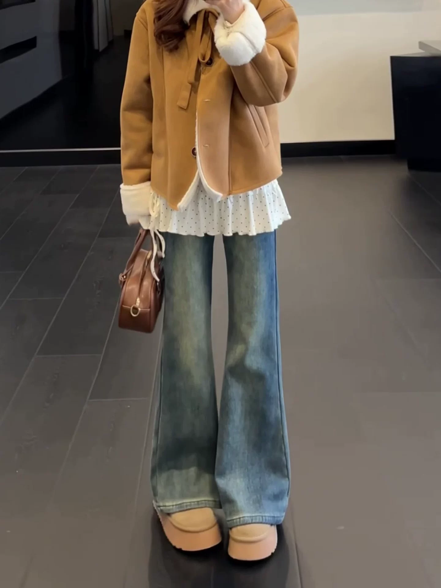 Quần jean ống đứng loe dành cho nữ, lót lông cừu mùa đông, dày dặn, cỡ lớn, cạp cao, co giãn, che hông, dáng quả lê, quần ống loe