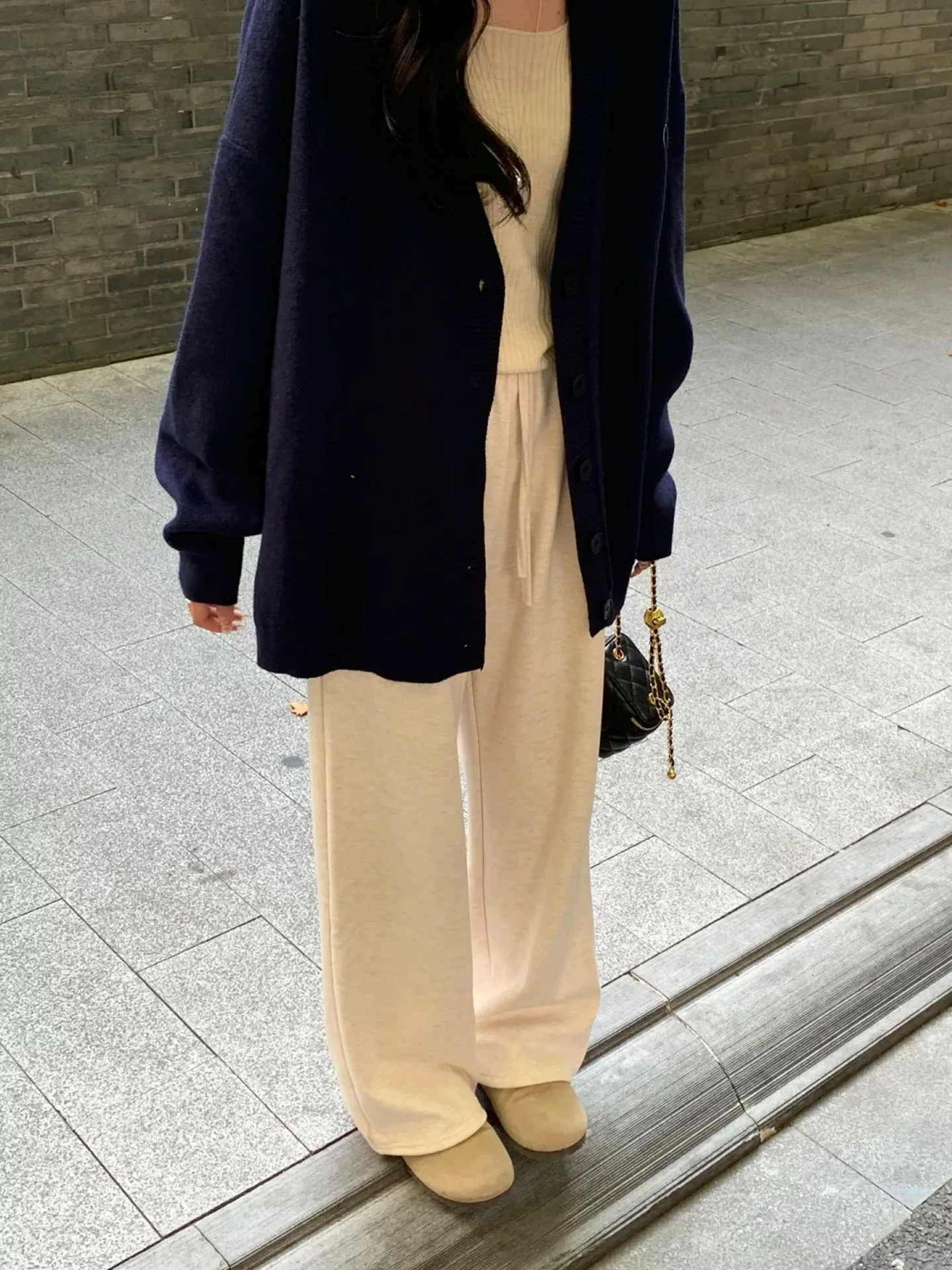 Quần lửng kiểu dáng lười biếng dành cho nữ, mùa thu đông, lót lông cừu, dày dặn, cỡ lớn, lưng cao, dáng rộng, dáng suông, quần ống rộng.