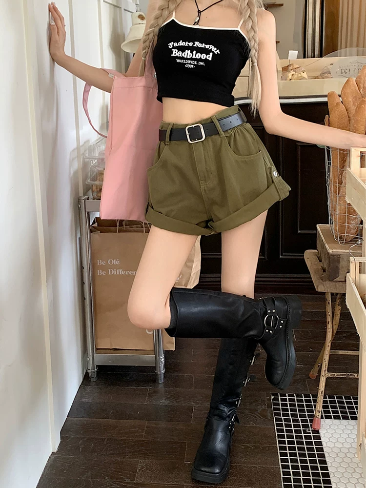 Quần short denim viền xanh quân đội dành cho nữ, cỡ lớn mùa hè, lưng cao, dáng rộng, che hông, quần ống rộng chữ A tôn dáng