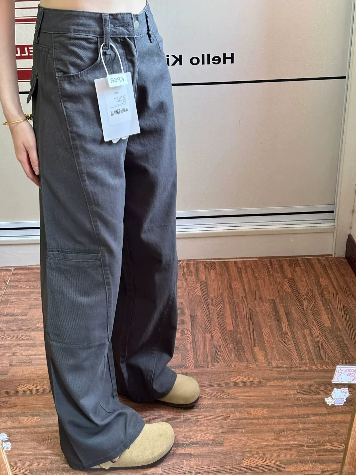 Quần cargo màu xám thường ngày dành cho nữ, mùa thu, cỡ lớn, lưng cao, dáng rộng, che hông, giảm béo, dáng quả lê, quần ống rộng