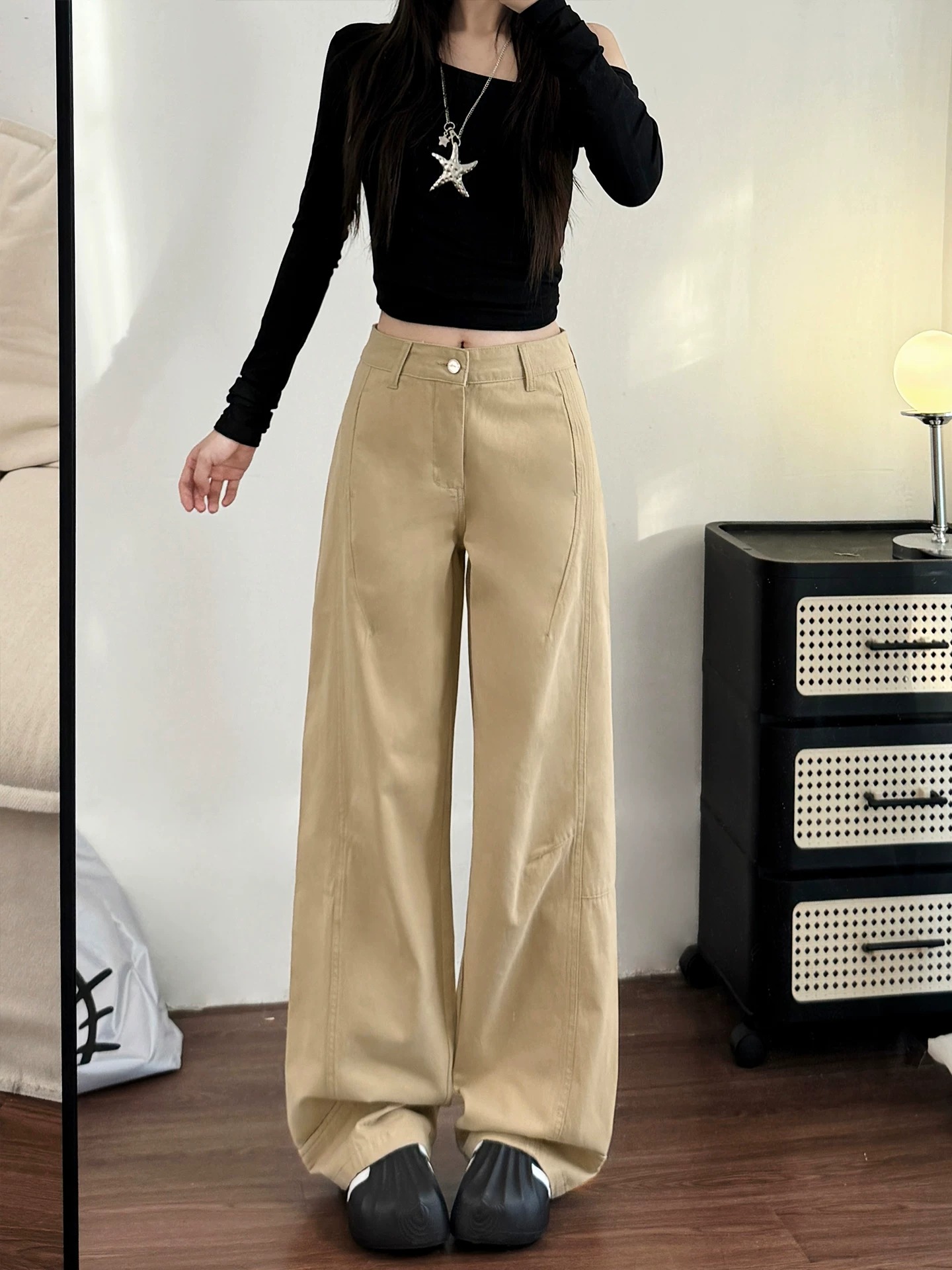 Quần jean ống rộng màu kaki cho nữ, kiểu dáng mùa thu mới, cỡ lớn, lưng cao, dáng rộng, dáng thon gọn, dáng quả lê, quần ống thẳng