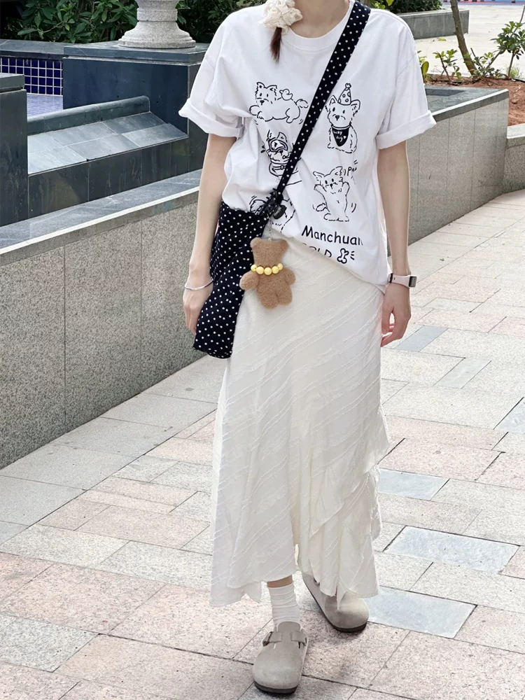 Váy trắng không đều kiểu dáng dành cho nữ, mùa xuân hè, cỡ lớn, lưng cao, che hông, thon gọn, váy đuôi cá chữ A dài vừa phải