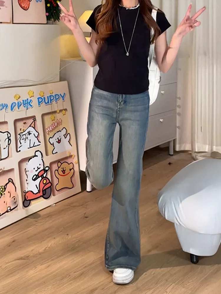 Quần jean xanh vintage dáng loe dành cho nữ, size lớn mùa hè, cạp cao, co giãn, che hông, tôn dáng, dành cho người có dáng quả lê, quần ống chuông