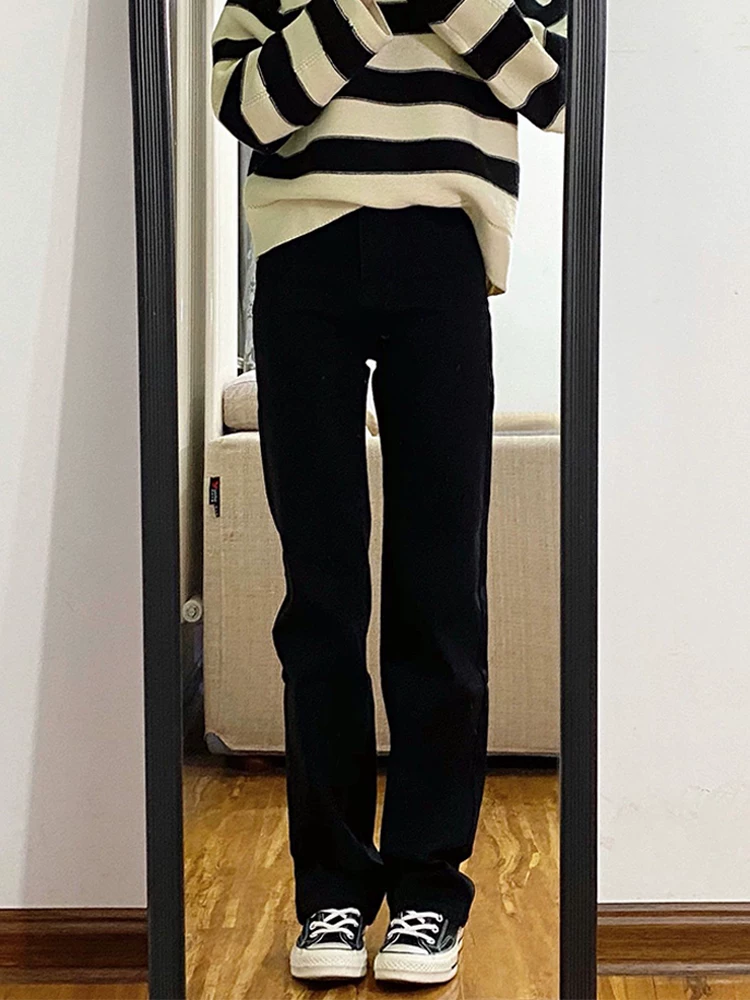 Quần jean đen ống thẳng cho nữ, mặc đầu thu, cỡ lớn, lưng cao, giảm béo, dáng quả lê, quần dài ống rộng hẹp