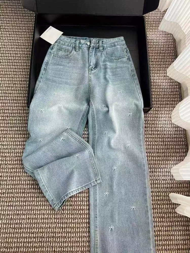 Quần jean Tencel màu xanh nhạt dành cho nữ, kiểu dáng mỏng mùa hè, cỡ lớn, lưng cao, giảm béo, dáng quả lê, quần ống rộng bằng lụa băng