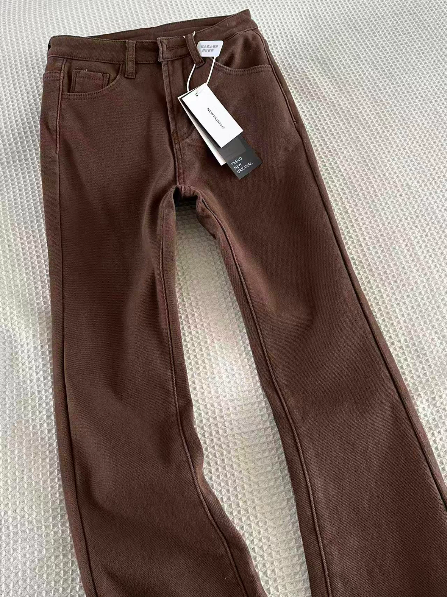 Quần jean ống loe dày lót lông màu cà phê Melard dành cho nữ, mùa thu đông, cỡ lớn, cạp cao, giảm béo, quần ống loe co giãn.