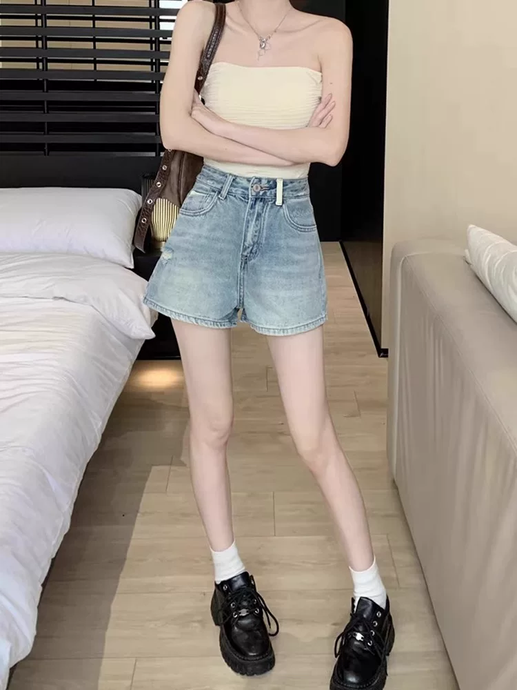 Quần short denim rách dáng quả lê dành cho nữ, size lớn mùa hè, cạp cao, tôn dáng, quần ống rộng dáng chữ A nhỏ nhắn, quyến rũ