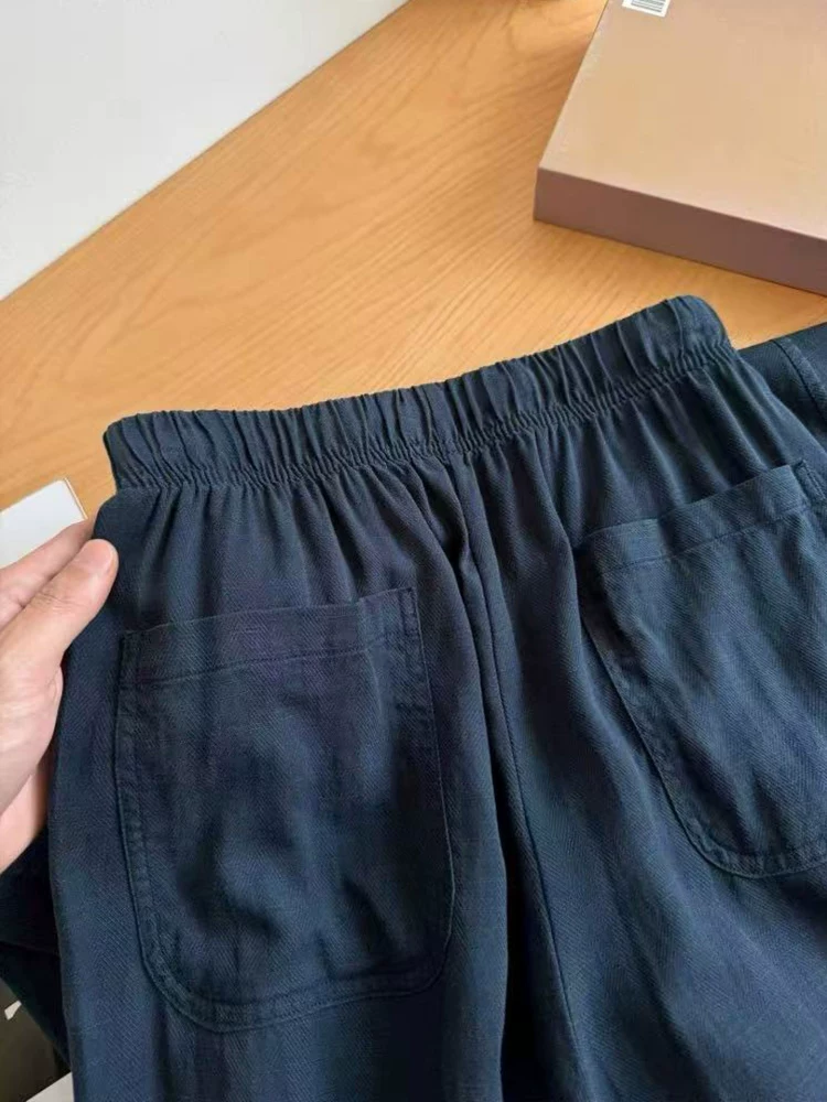 Quần vải lanh Tencel màu xanh hải quân dành cho nữ, kiểu dáng mỏng mùa hè, cỡ lớn, lưng cao, che hông, giảm béo, quần ống rộng bằng vải lụa băng.