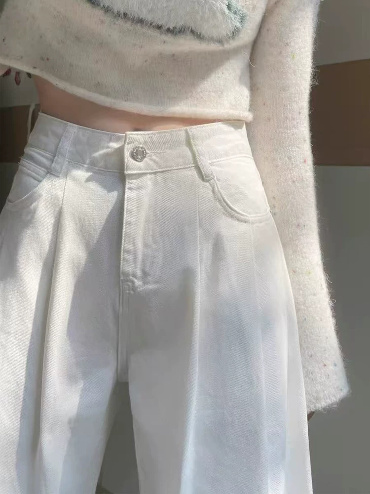 Quần jeans Tencel trắng nữ, hè 2025, mỏng, size lớn, cạp cao, rộng rãi, tôn dáng, chất liệu lụa đá, quần ống rộng